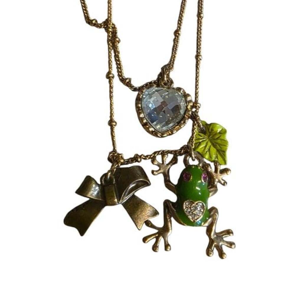 Betsey Johnson Gold Tone Frog & Bow Charm Layered Necklace - Picture 2 of 5